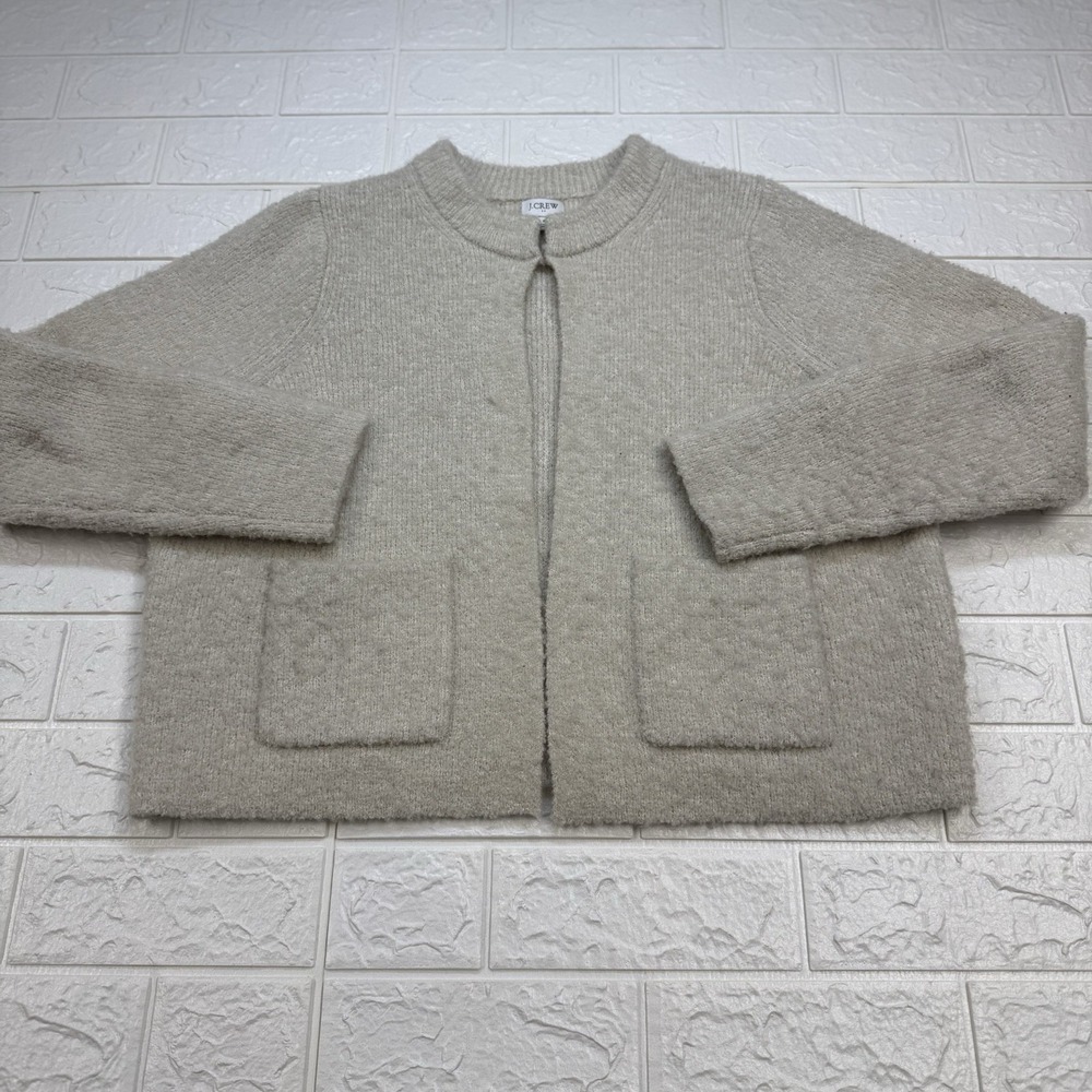 J.Crew Women Boucle Cardigan Sweater Small Cream Wool Alpaca Crop Open Front